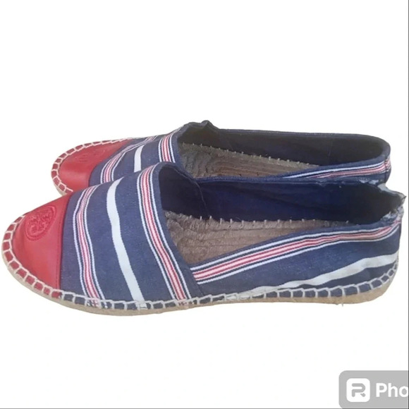 Tory Burch Nautical Blue Stripe Leather Cap Toe Jute Espadrilles Size 9 - Picture 4 of 8